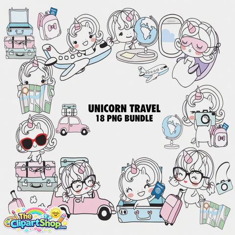 Unicorn Travel Clipart PNG Bundle