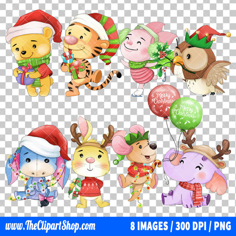 Winnie The Pooh Christmas Clipart PNG Bundle